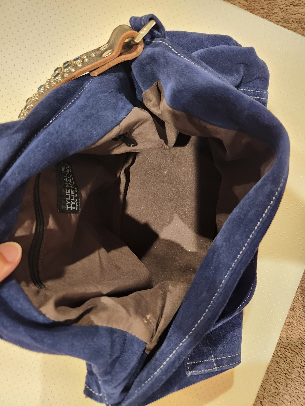 Tylie Malibu Suede Navy Blue Shoulder Bag with Embellished Brown Strap - Picture 4 of 6